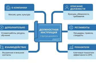 Структура должностной инструкции — инфографика с блоками обязанностей, подчинённости и KPI