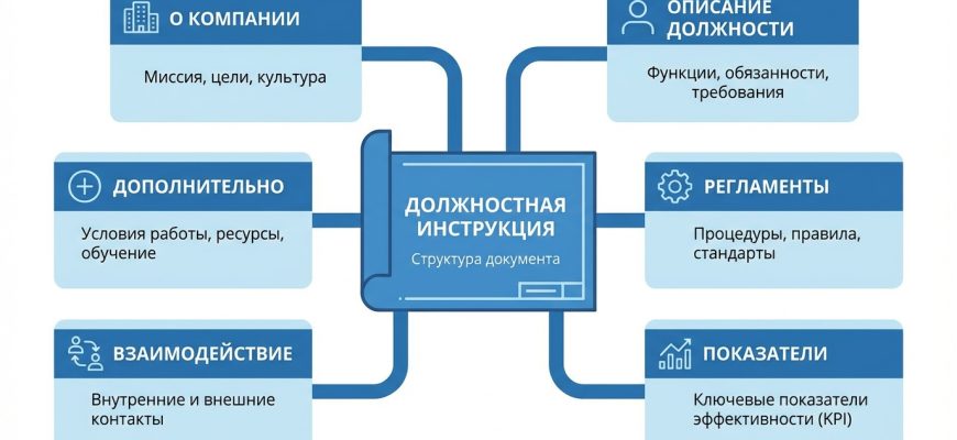 Структура должностной инструкции — инфографика с блоками обязанностей, подчинённости и KPI