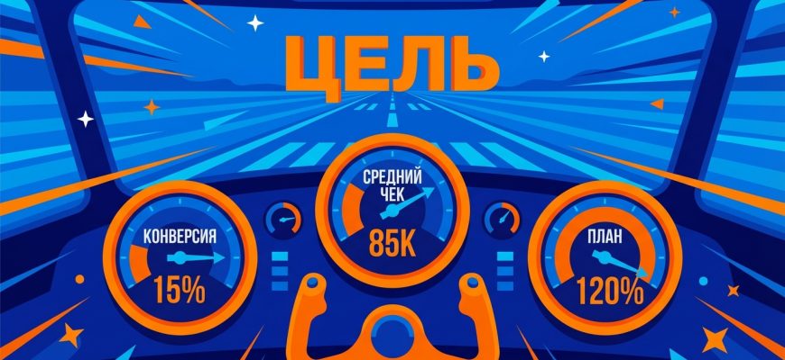 KPI для отдела продаж — приборная панель с показателями конверсии, среднего чека и выполнения плана