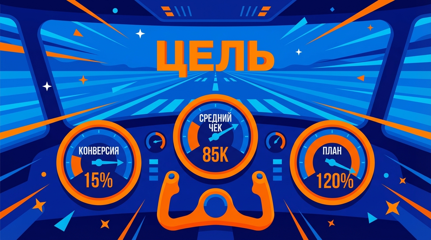 KPI для отдела продаж — приборная панель с показателями конверсии, среднего чека и выполнения плана