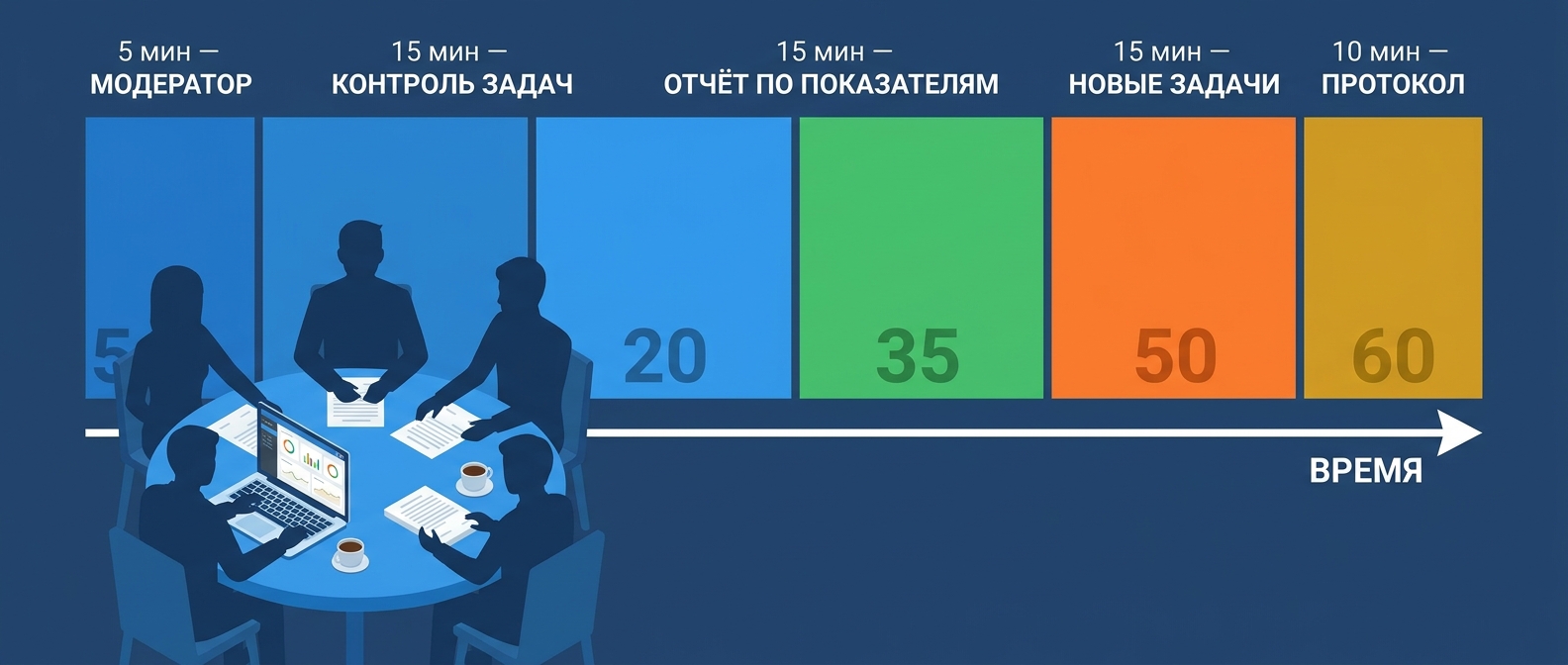 Структура еженедельной планёрки регулярного менеджмента: 5 блоков и хронометраж