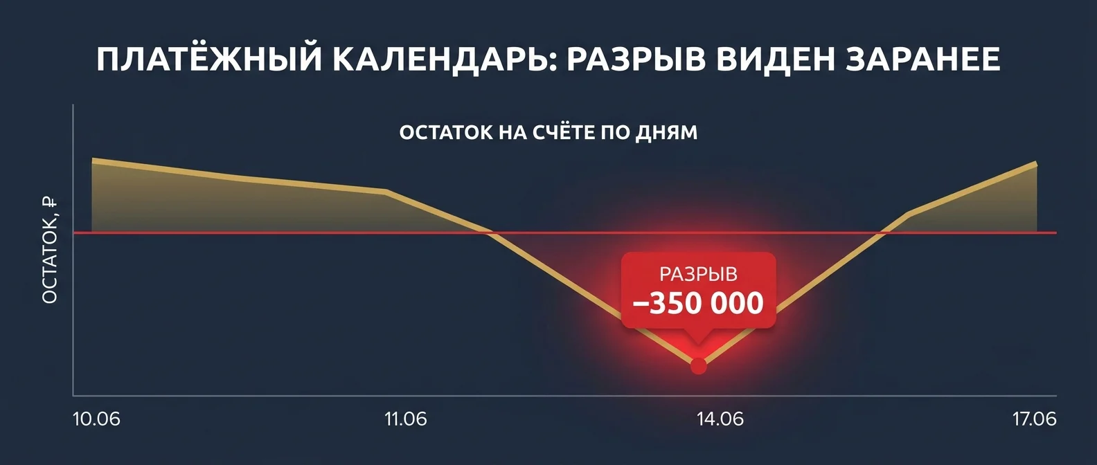 Платёжный календарь: остаток на счёте проваливается в минус в день крупных платежей