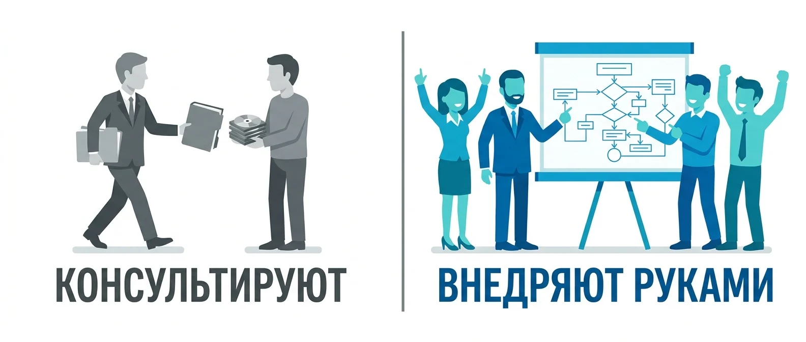 Разница между консалтингом, который только консультирует, и консалтингом, который внедряет руками