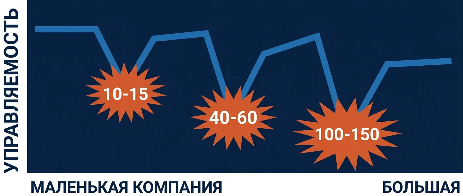 Три порога роста компании — 10-15, 40-60 и 100-150 сотрудников
