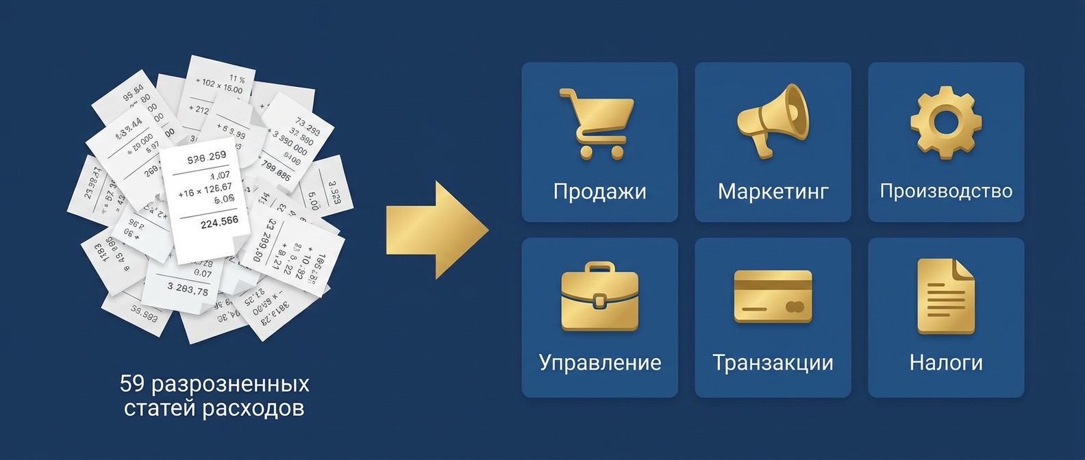 Шесть направлений расходов вместо 59 хаотичных статей: продажи, маркетинг, производство, управление, транзакции, налоги