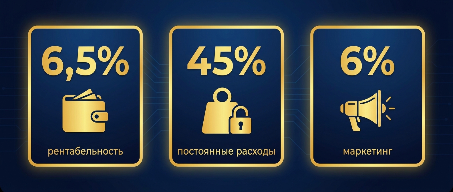 Диагноз по цифрам: рентабельность 6,5%, постоянные расходы 45% бюджета, маркетинг 6% выручки