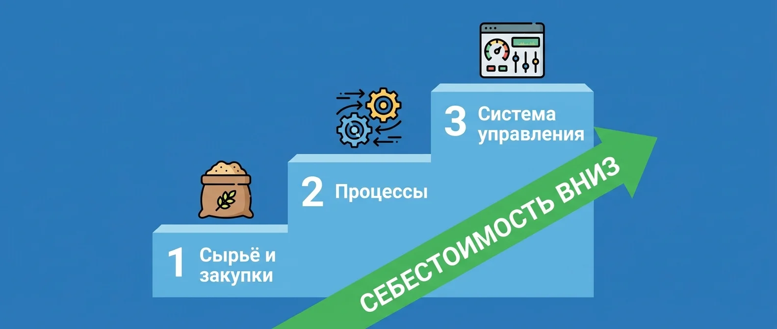 Снижение себестоимости продукции — три уровня: закупки, процессы, система