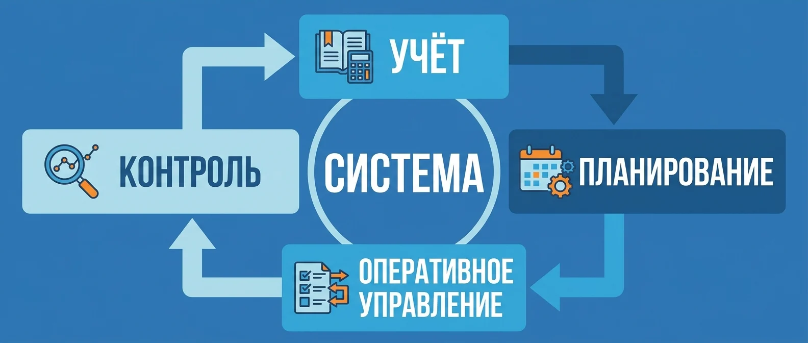 Управление производством — четыре блока: учёт, планирование, оперативка, контроль
