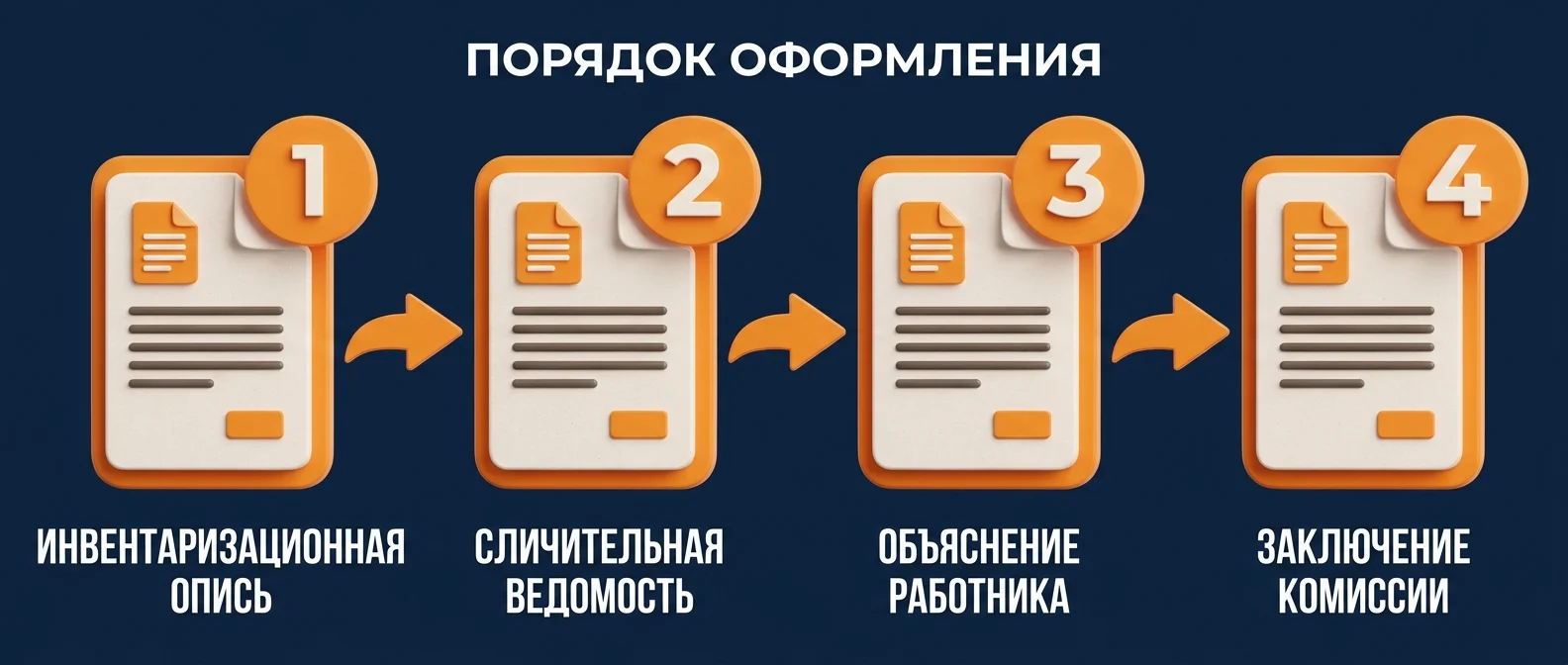 Порядок оформления недостачи: инвентаризационная опись, сличительная ведомость, объяснение работника, заключение комиссии