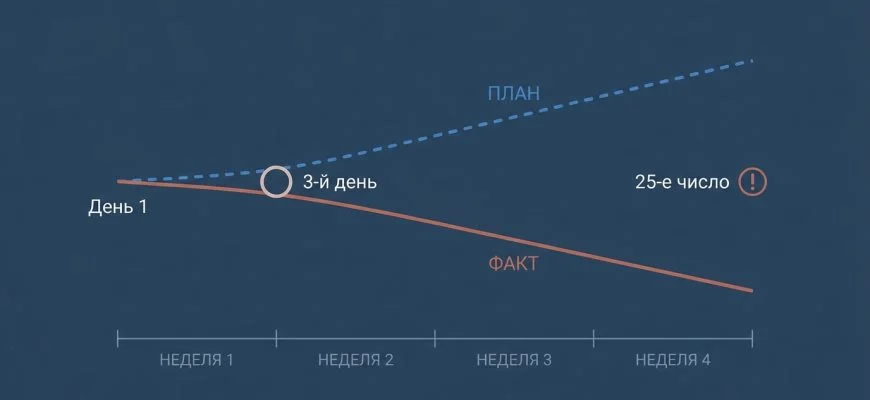 Управление продажами: график плана и факта расходится на третий день, к 25-му числу разрыв максимальный