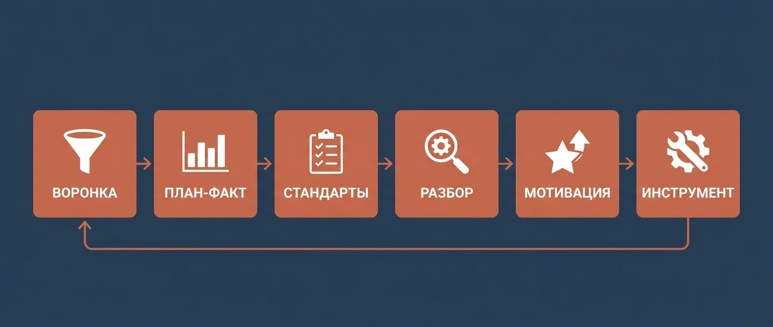 Шесть контуров управления продажами: воронка, план-факт, стандарты, разбор, мотивация, инструмент — замкнутый цикл