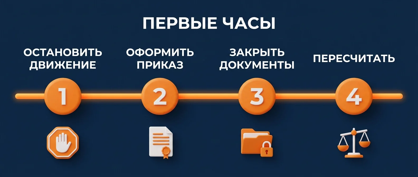 Первые часы после обнаружения недостачи: остановить движение, оформить приказ, закрыть документы, пересчитать