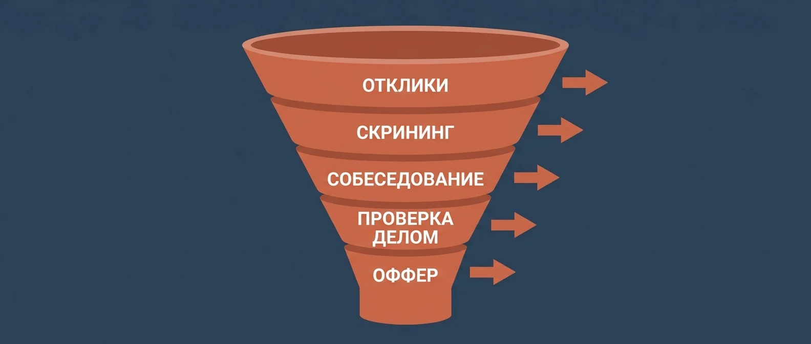 Воронка подбора персонала: отклики, скрининг, собеседование, проверка делом, оффер