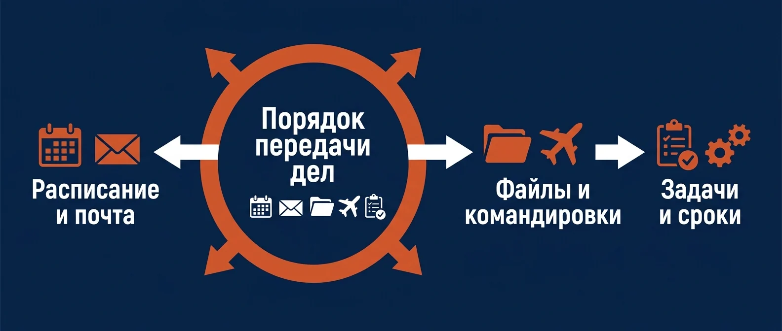 Порядок передачи ассистенту: календарь и коммуникации, затем документы и поездки, затем контроль поручений