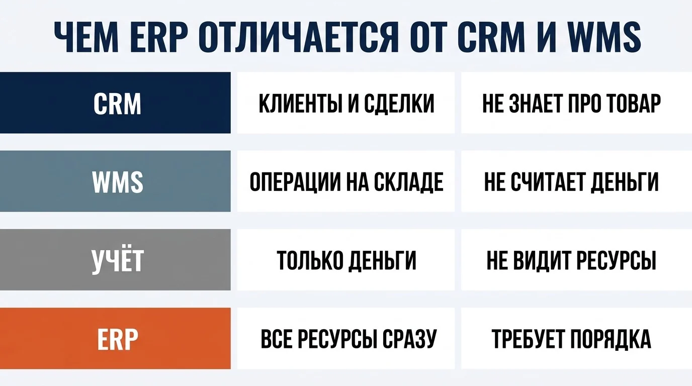 Чем ERP отличается от CRM, WMS и программы управленческого учёта: что считает каждый класс систем