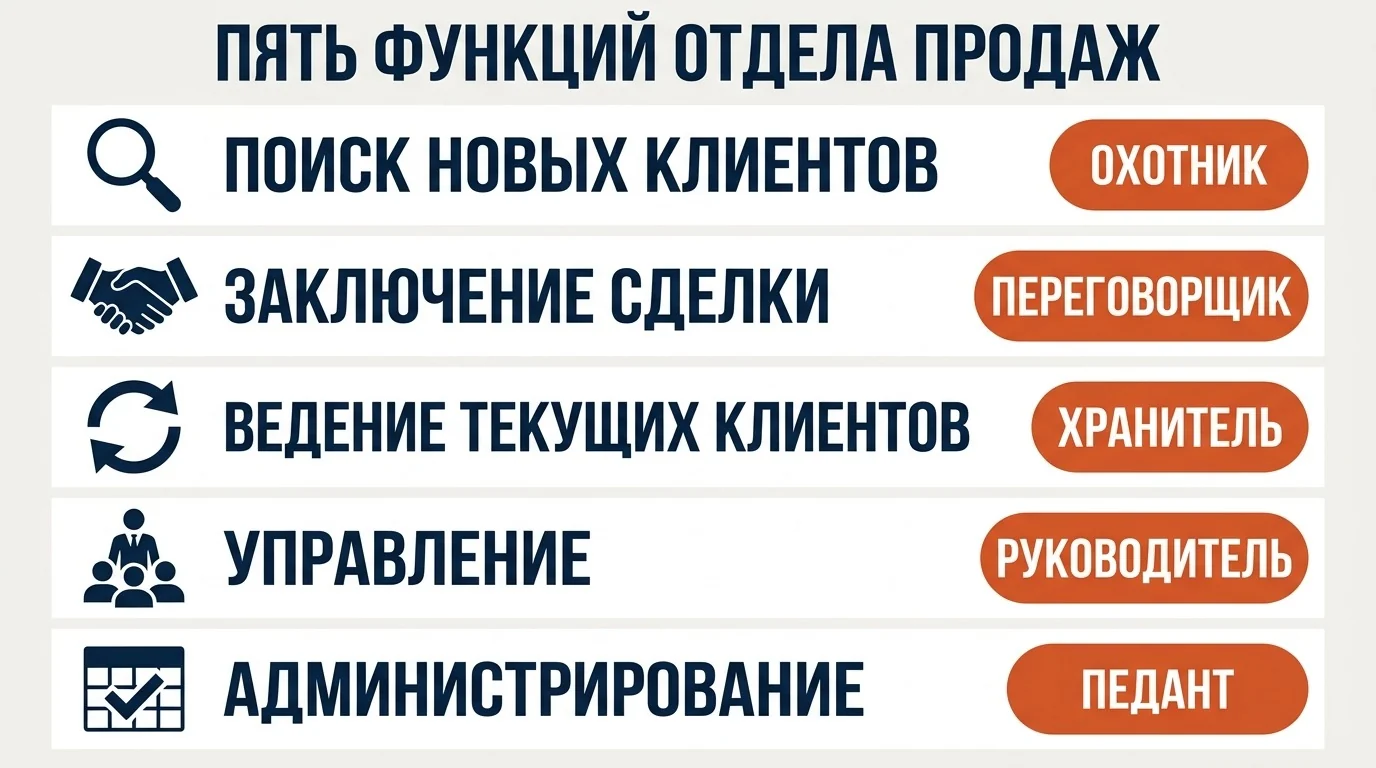 Пять функций отдела продаж и разные типы людей под каждую