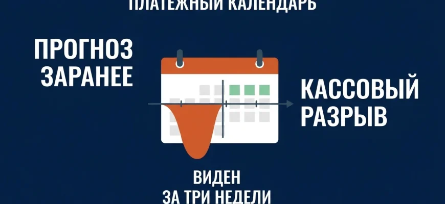 Платежный календарь: поступления, платежи и остаток на счёте по дням — разрыв виден за три недели, а не в день платежа