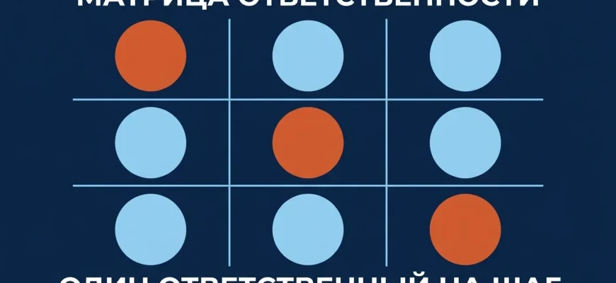 Матрица ответственности: шаги процесса по строкам, участники по столбцам, роли в клетках