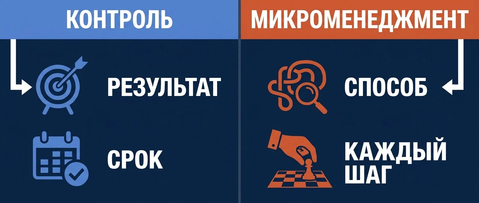 Разница между контролем и микроменеджментом: контролируют результат и срок, микроменеджмент контролирует способ