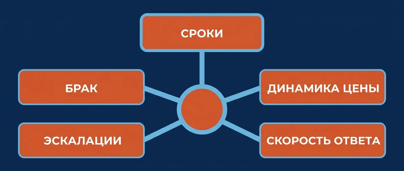 Оценка действующих поставщиков: сроки, брак, эскалации, динамика цены, скорость ответа