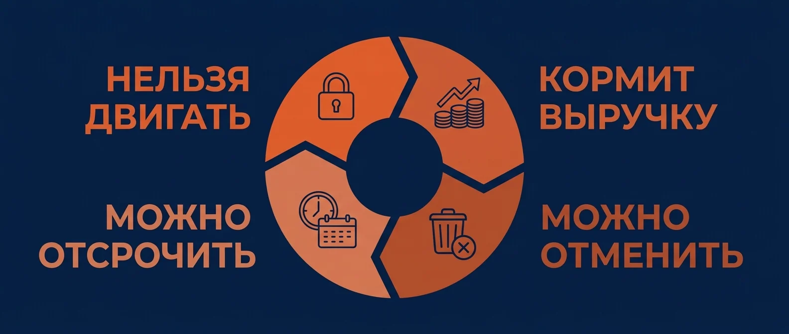 Четыре группы приоритета платежей: нельзя двигать, кормит выручку, можно отсрочить, можно отменить