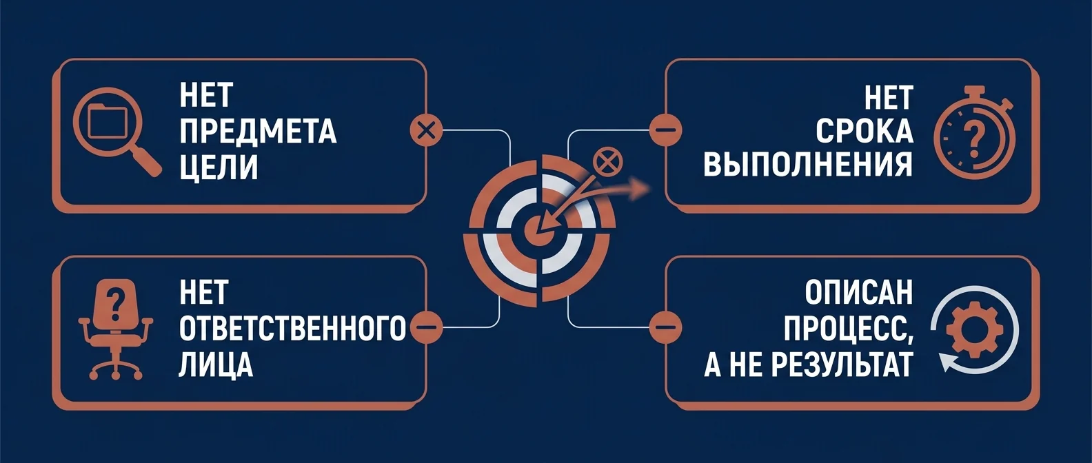 Частые ошибки в формулировках целей: нет предмета, нет срока, нет ответственного, описан процесс вместо результата