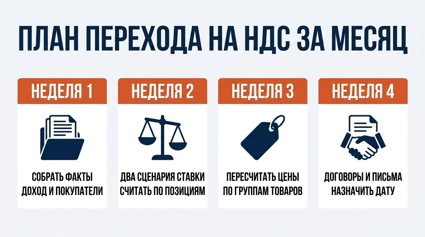 План перехода на НДС за месяц: факты, два сценария ставки, пересчёт цен, договоры и письмо клиентам