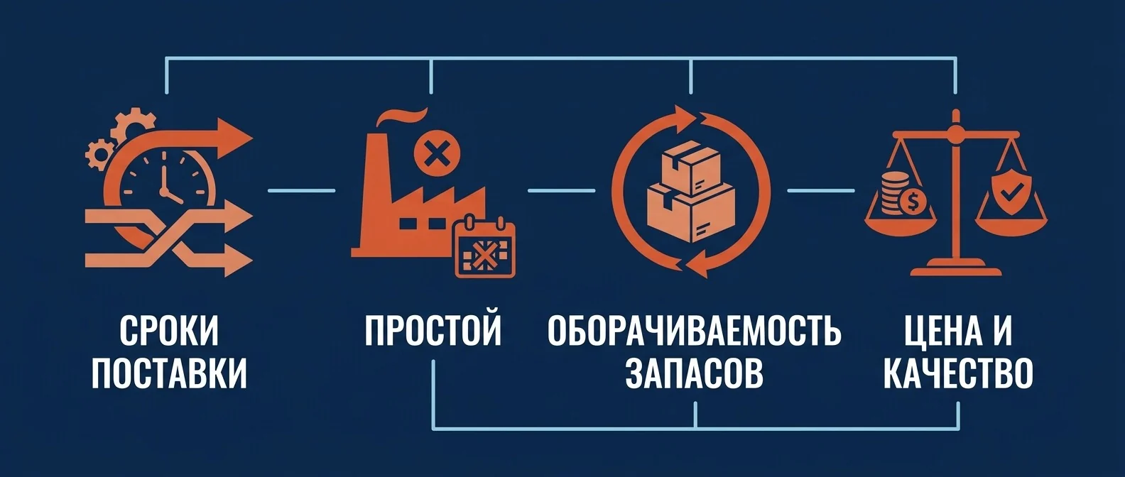 Показатели отдела снабжения: сроки поставки, простои, оборачиваемость запасов, цена и качество