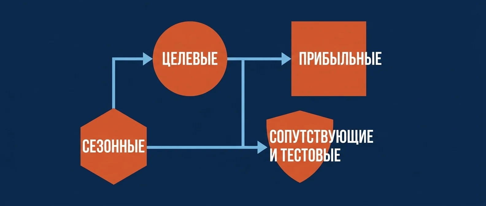Роли категорий: целевые, прибыльные, сезонные, сопутствующие и тестовые