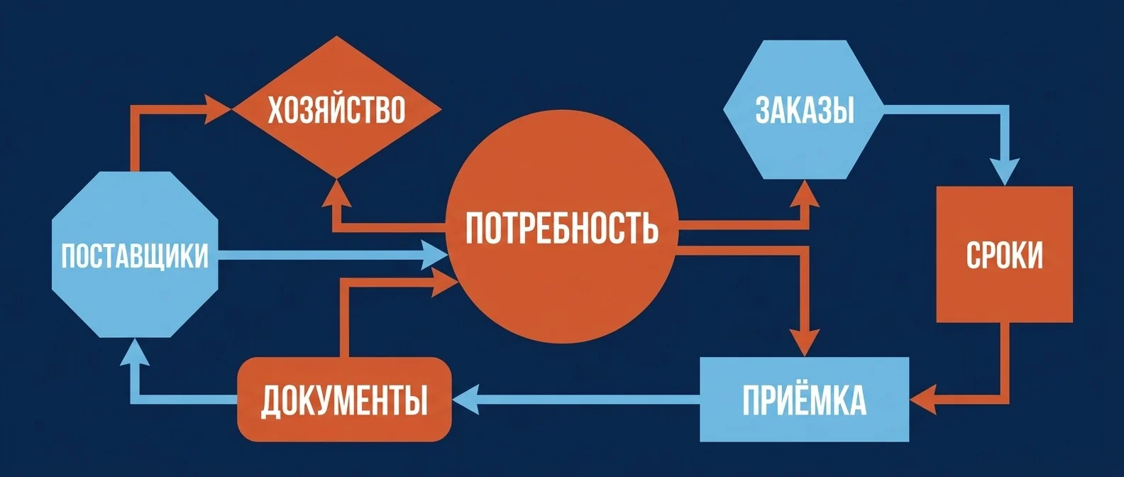 Семь функций отдела снабжения: потребность, заказы, сроки, приёмка, документы, поставщики, хозяйство