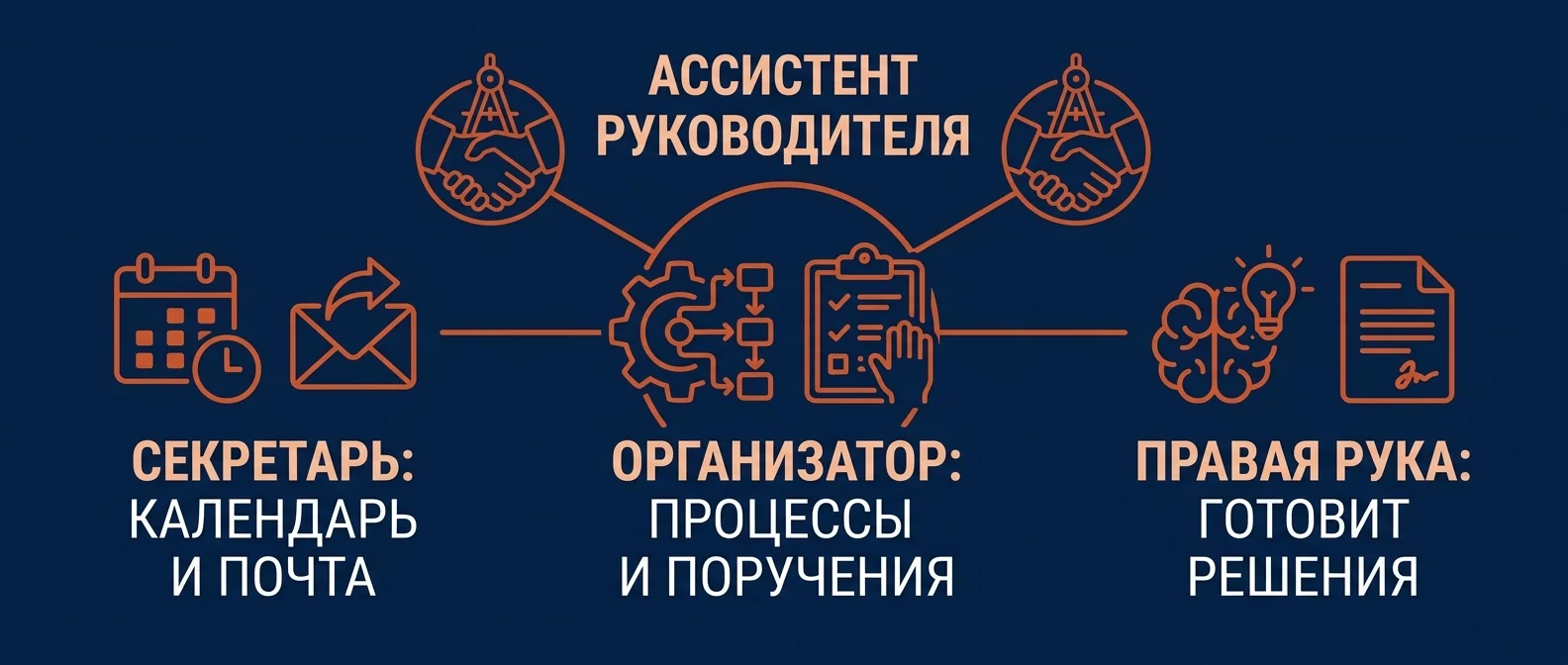 Три роли в ряд: секретарь ведёт календарь и почту, организатор ведёт процессы и поручения, правая рука готовит решения